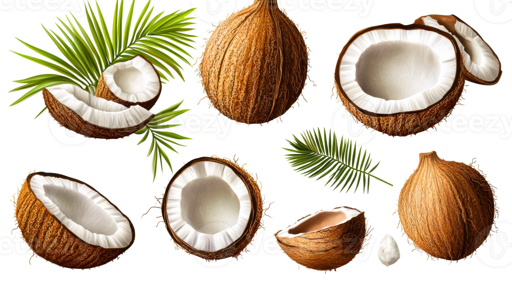 Coconuts and palm leaves on black background, cut out transparent png
