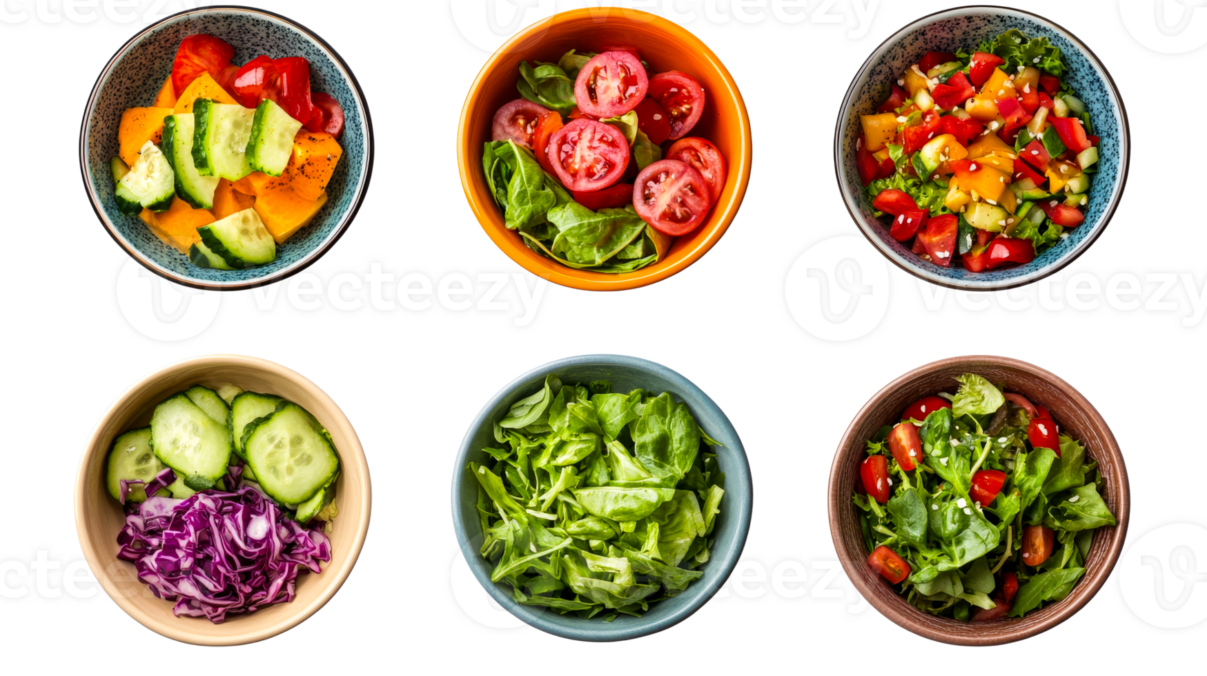Bowls of diverse fresh salads with vegetables, cut out transparent png