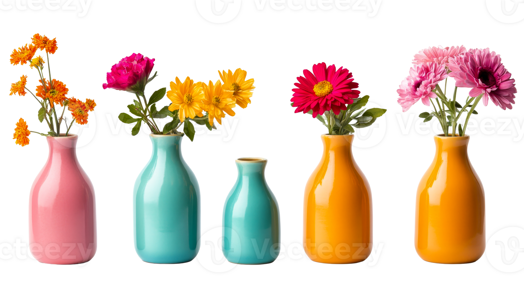Vases in Various Colors Filled With Different Flowers, cut out transparent png