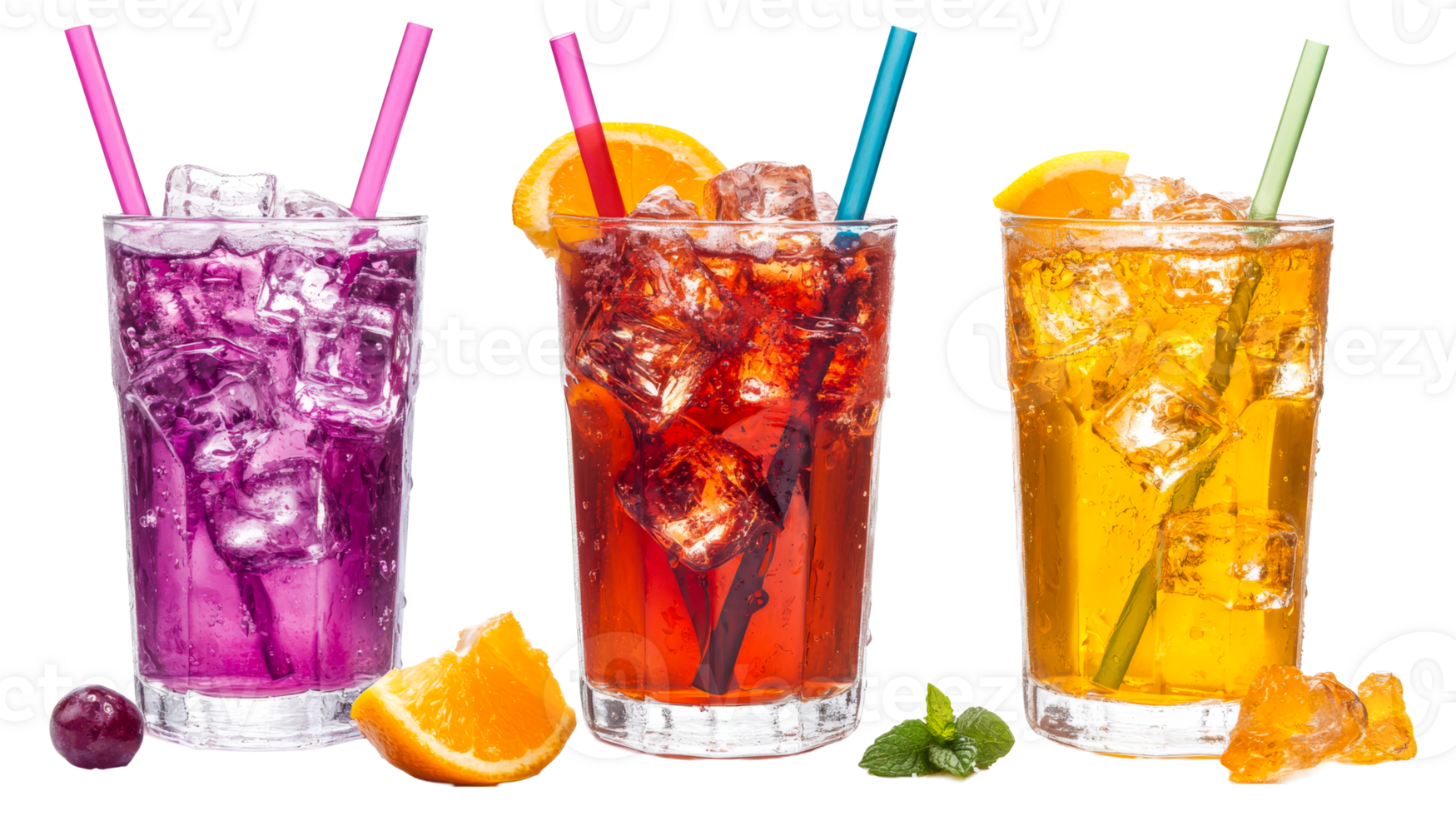 Colorful summer cocktails with ice and straws, cut out transparent png