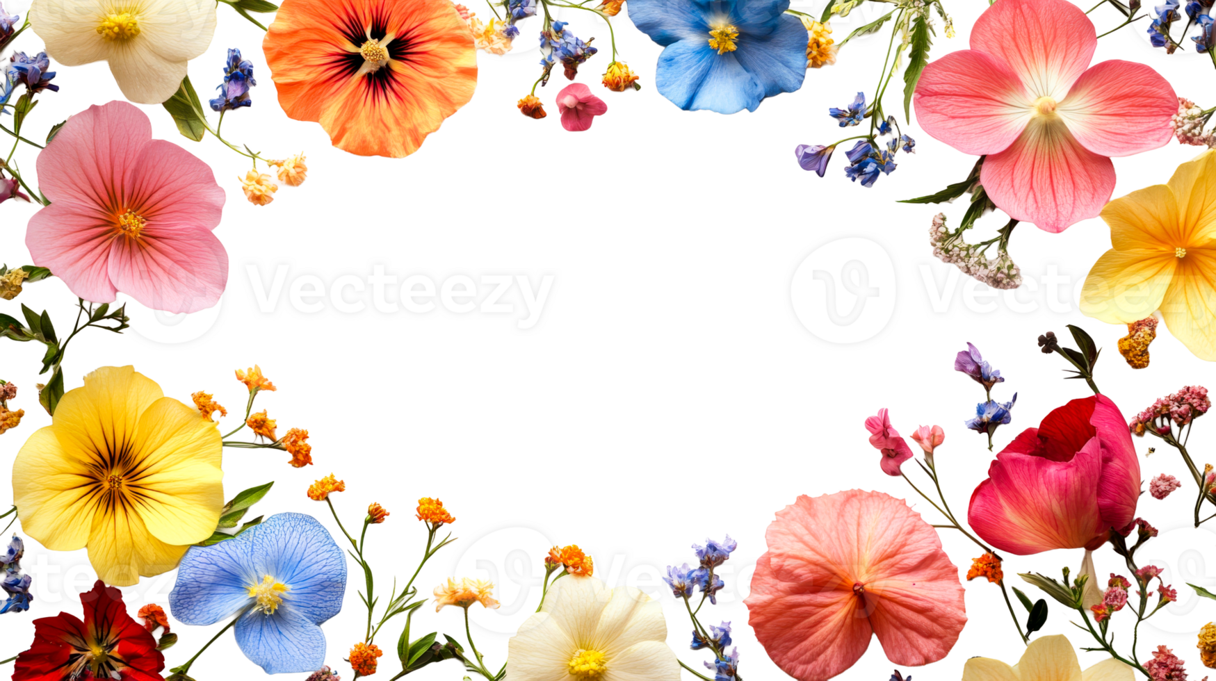 Floral Frame with Colorful Pansies and Poppies, cut out transparent png