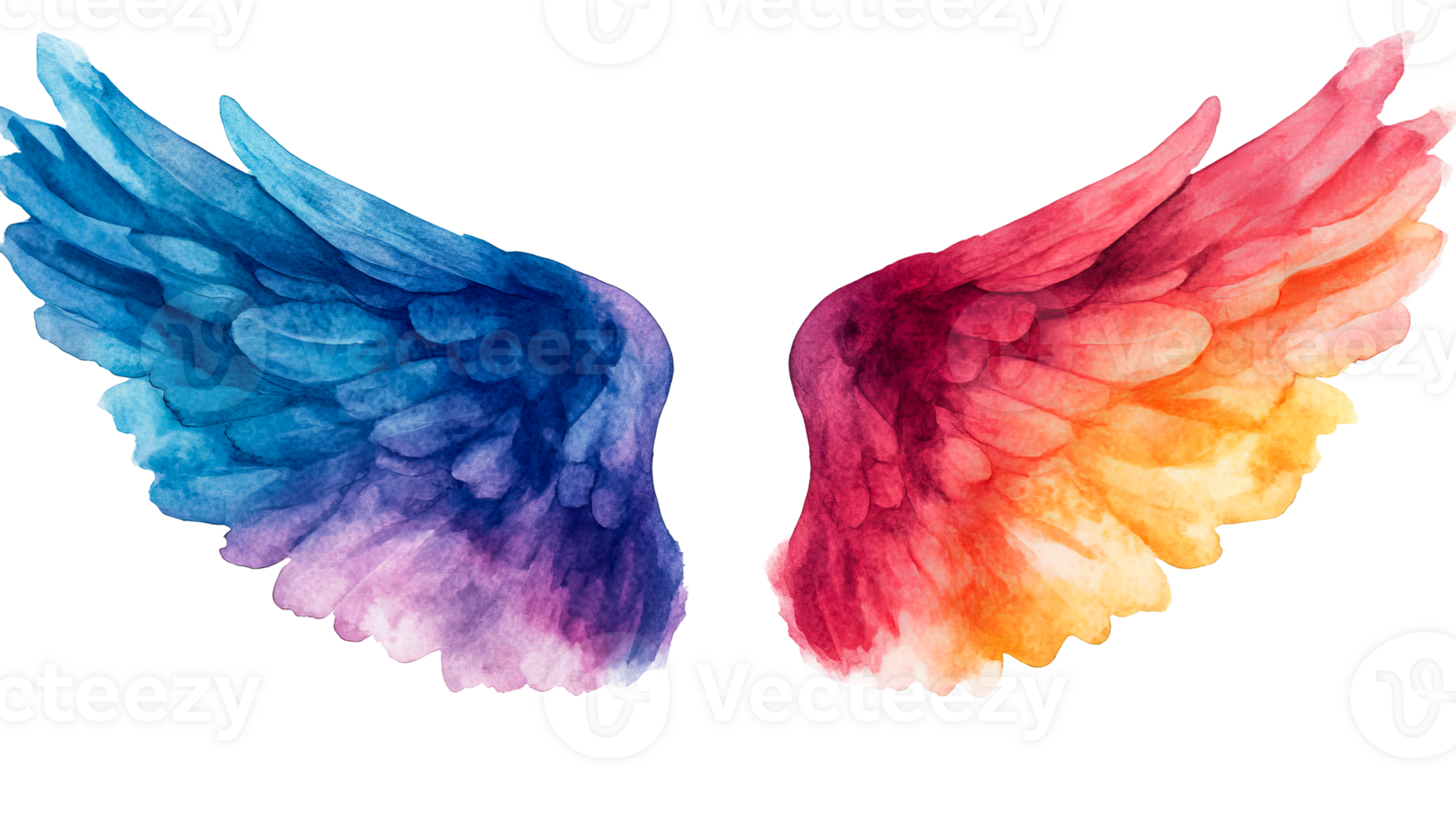 Two colorful watercolor wings, blue and red, isolated, cut out transparent png