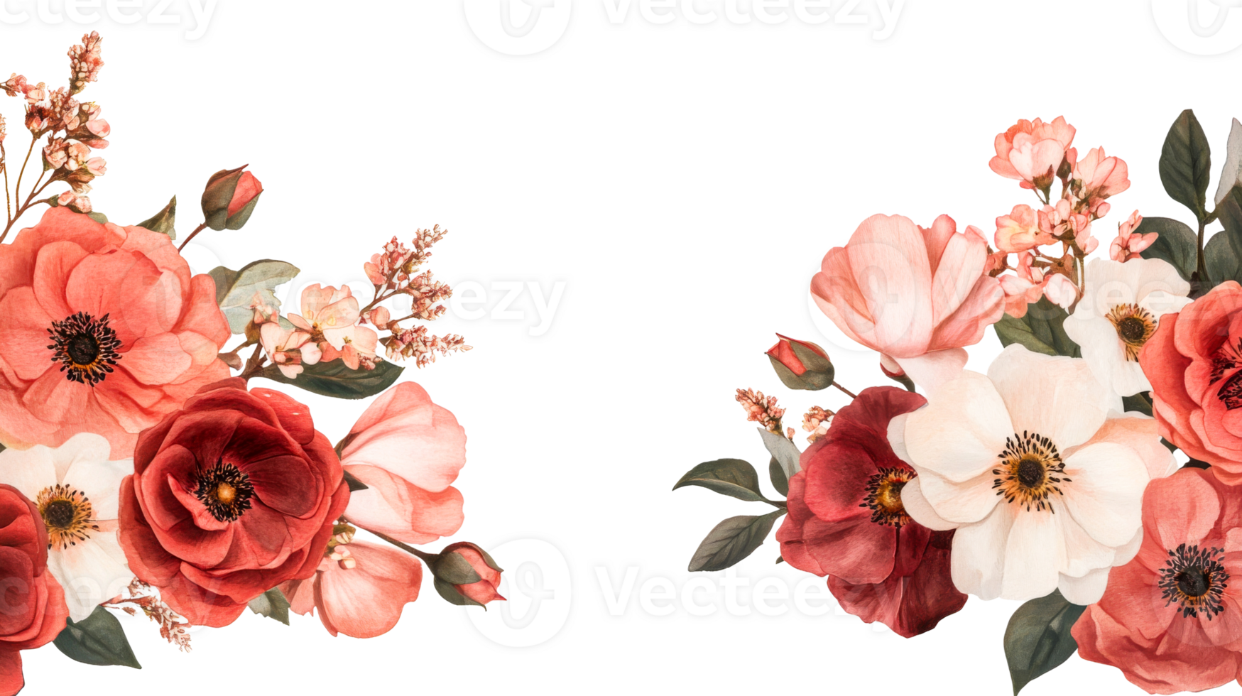 Floral Design with Poppies and Blossoms in Vintage Style, cut out transparent png
