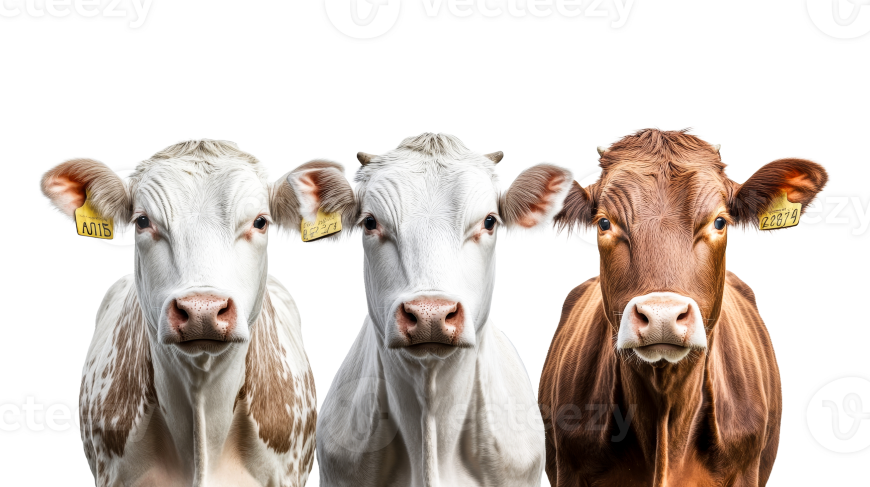 Three cute cows with tags staring at the camera, cut out transparent png
