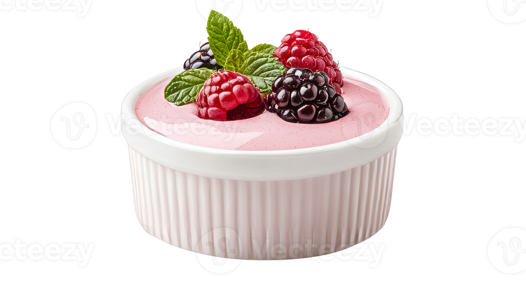 Pink pudding in ramekin with blackberries and raspberries, cut out transparent png