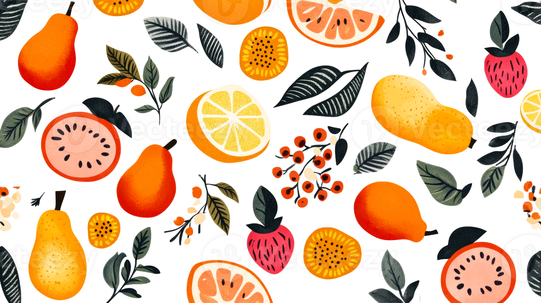 Colorful fruit pattern with pears and citrus on black, cut out transparent png