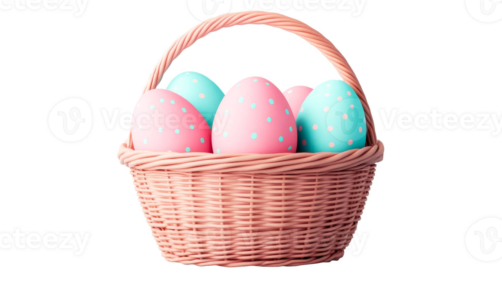 Pastel Easter eggs in a woven basket, holiday theme, cut out transparent png