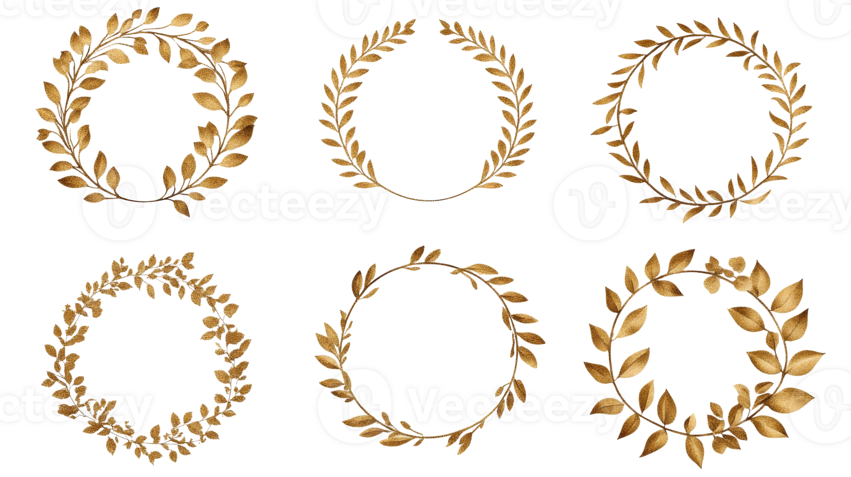 Six ornate golden leaf frames set on black background, cut out transparent png