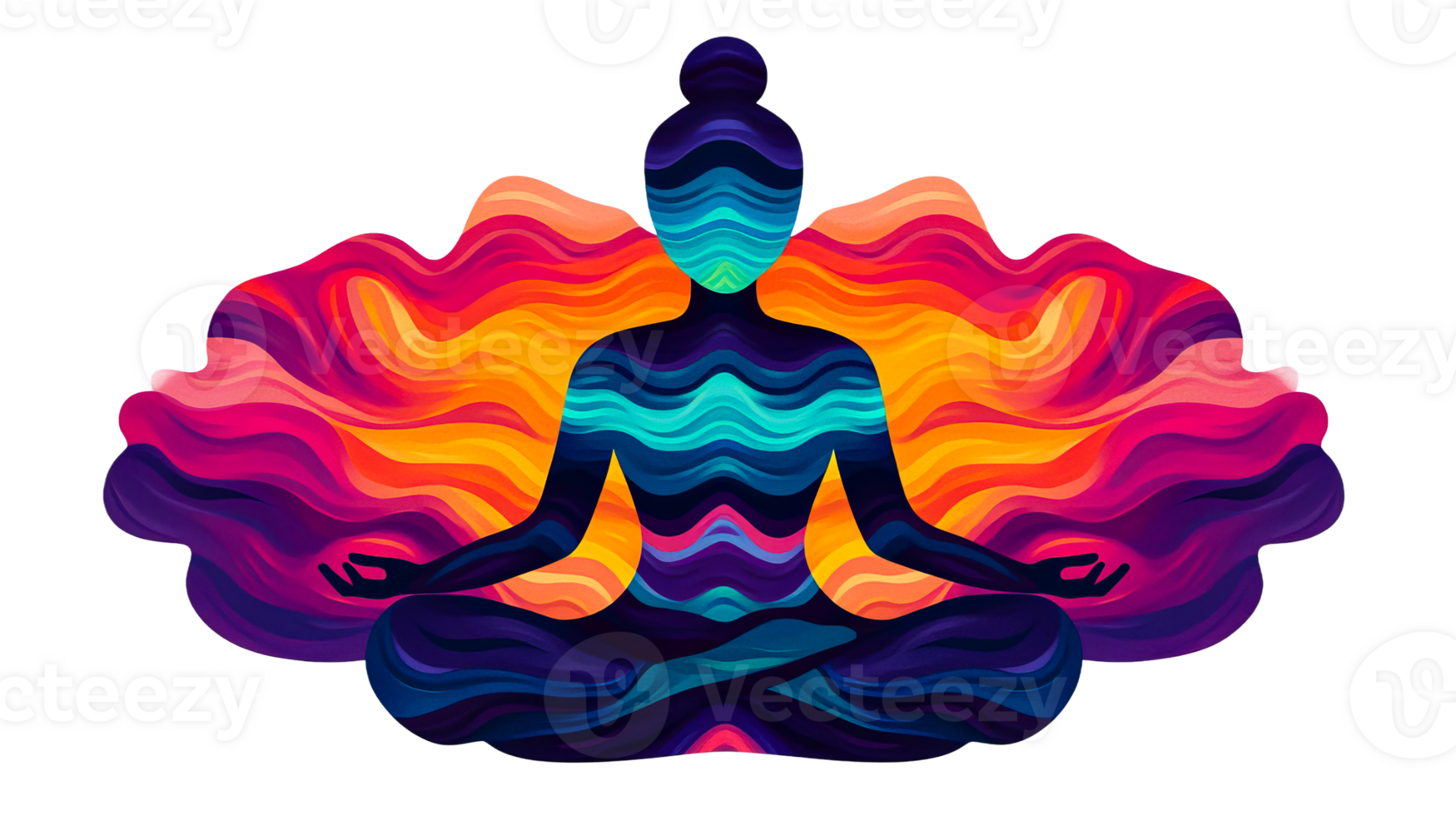 Woman in lotus position with vibrant aura, meditation abstract, cut out transparent png