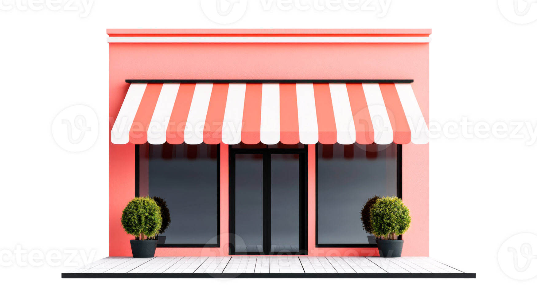 Pink facade building with awning and potted plants, cut out transparent png