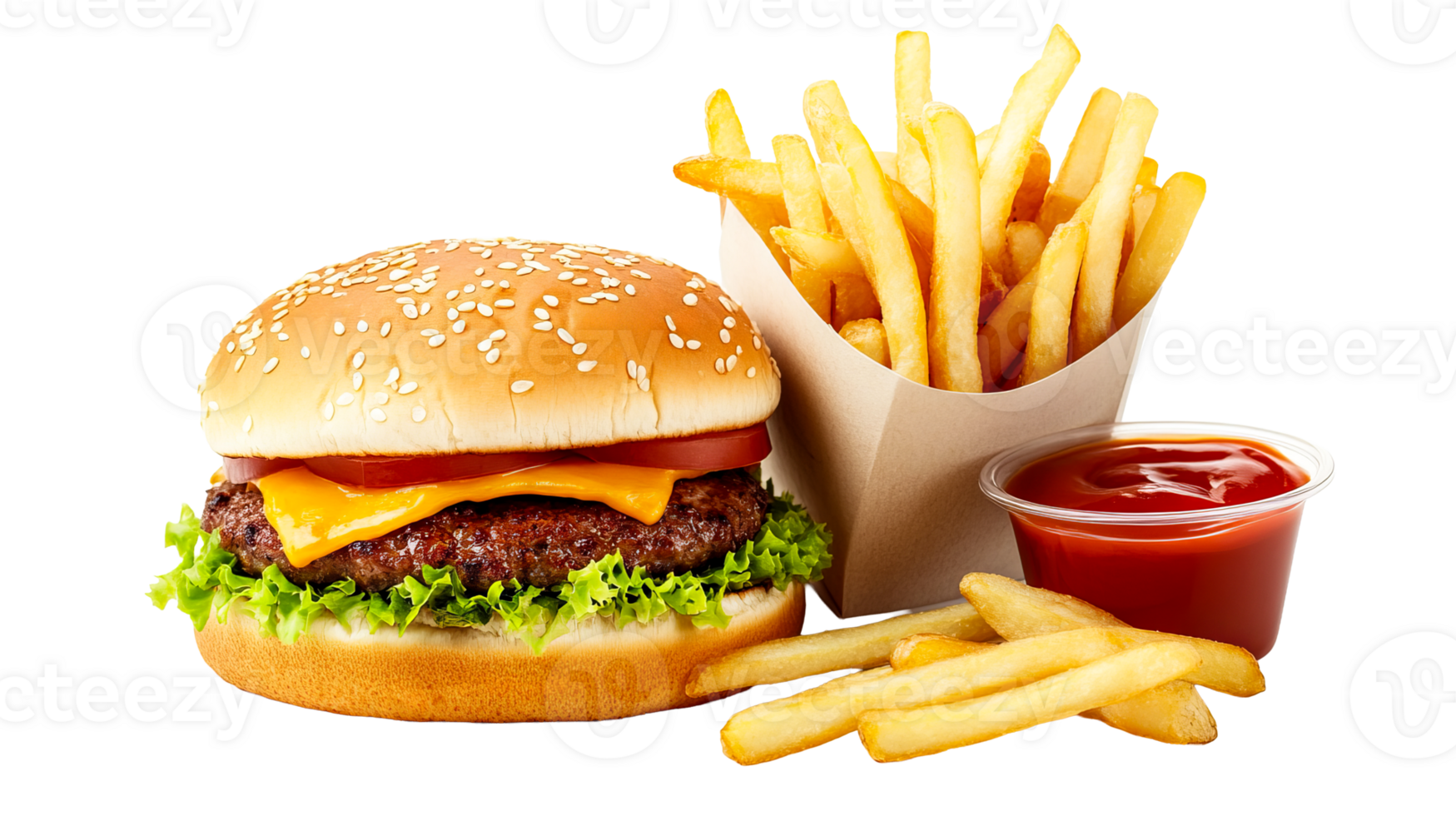 Burger, French fries and ketchup on black background, cut out transparent png