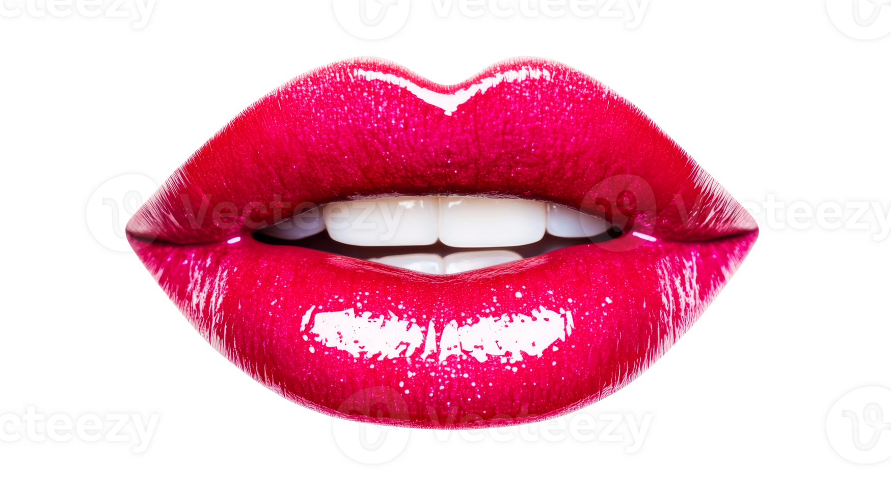 Glossy Red Lips with White Teeth on Black Background, cut out transparent png