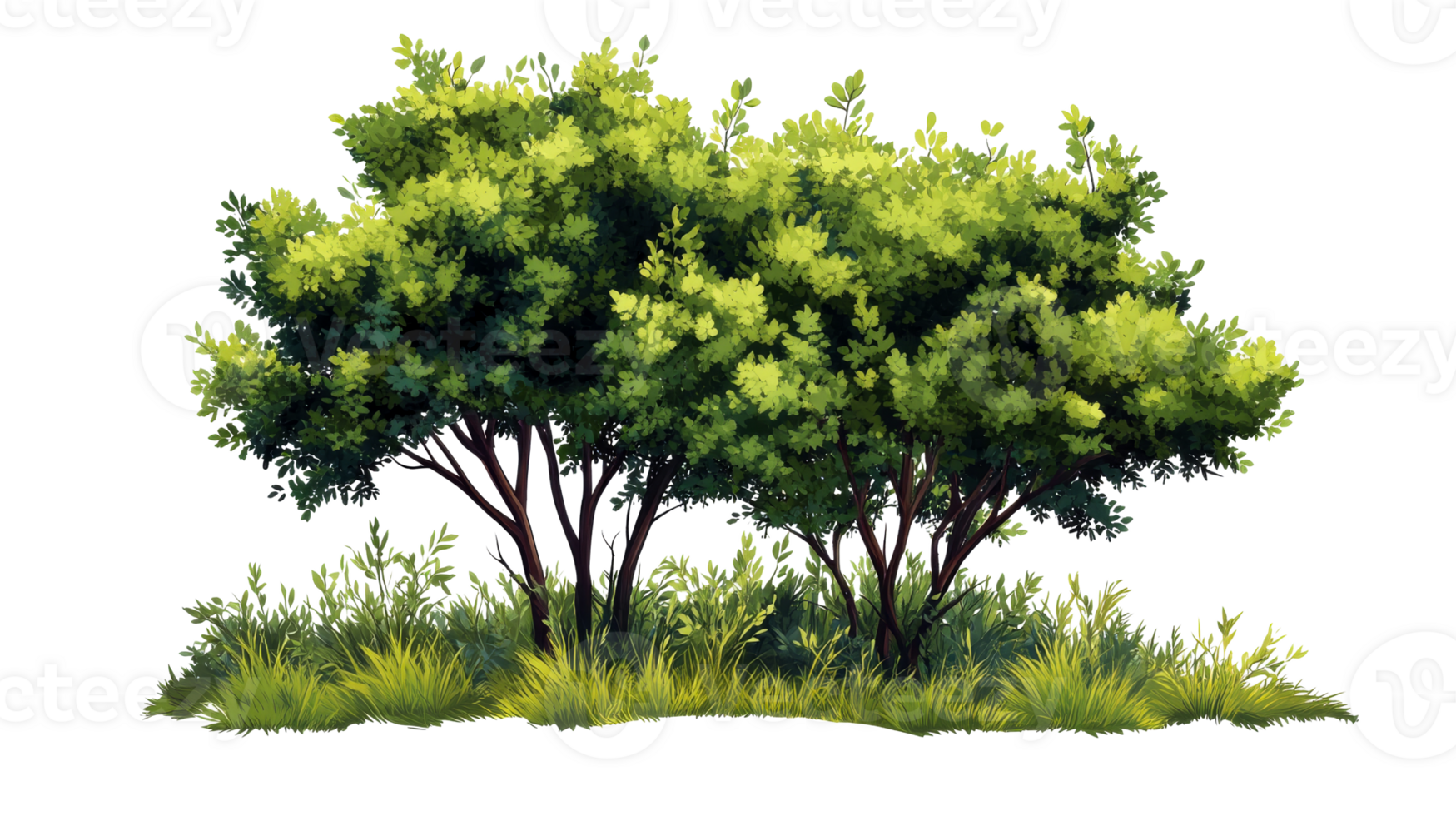 Bushy shrub greenery with fresh grass, detailed illustration, cut out transparent png