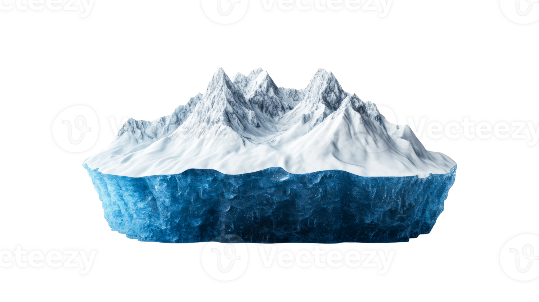 Iceberg with mountains and snow cap on black background, cut out transparent png