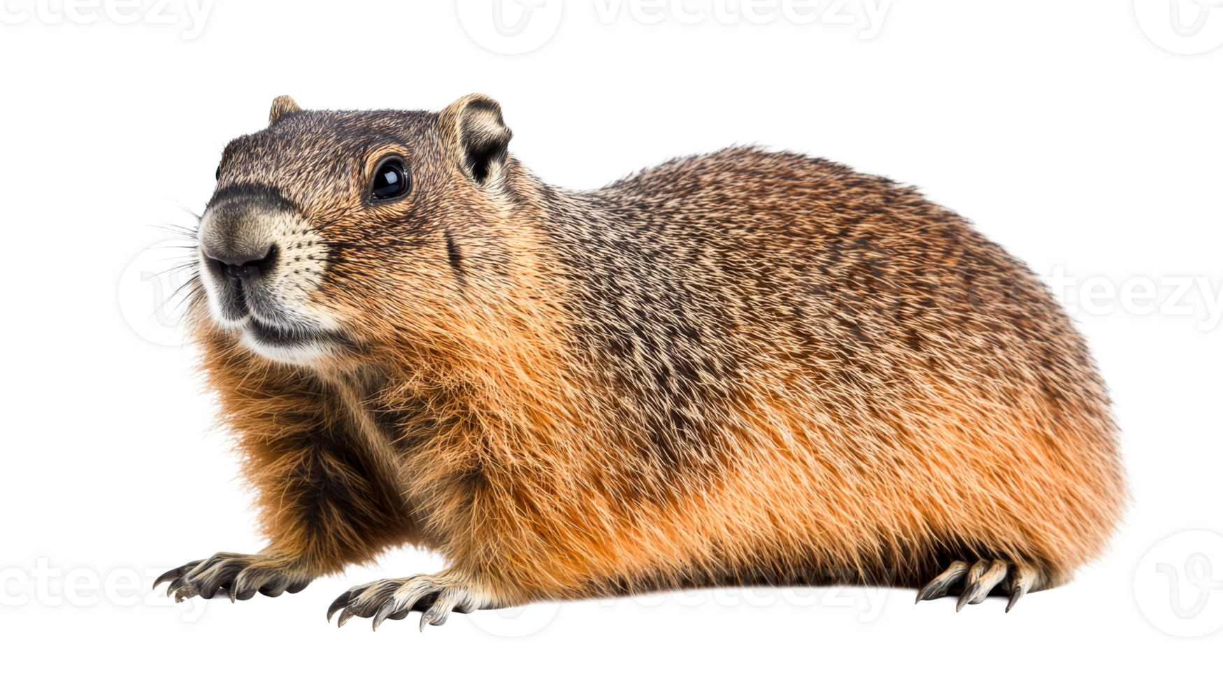 Alert groundhog portrait, looking at camera on black background, cut out transparent png