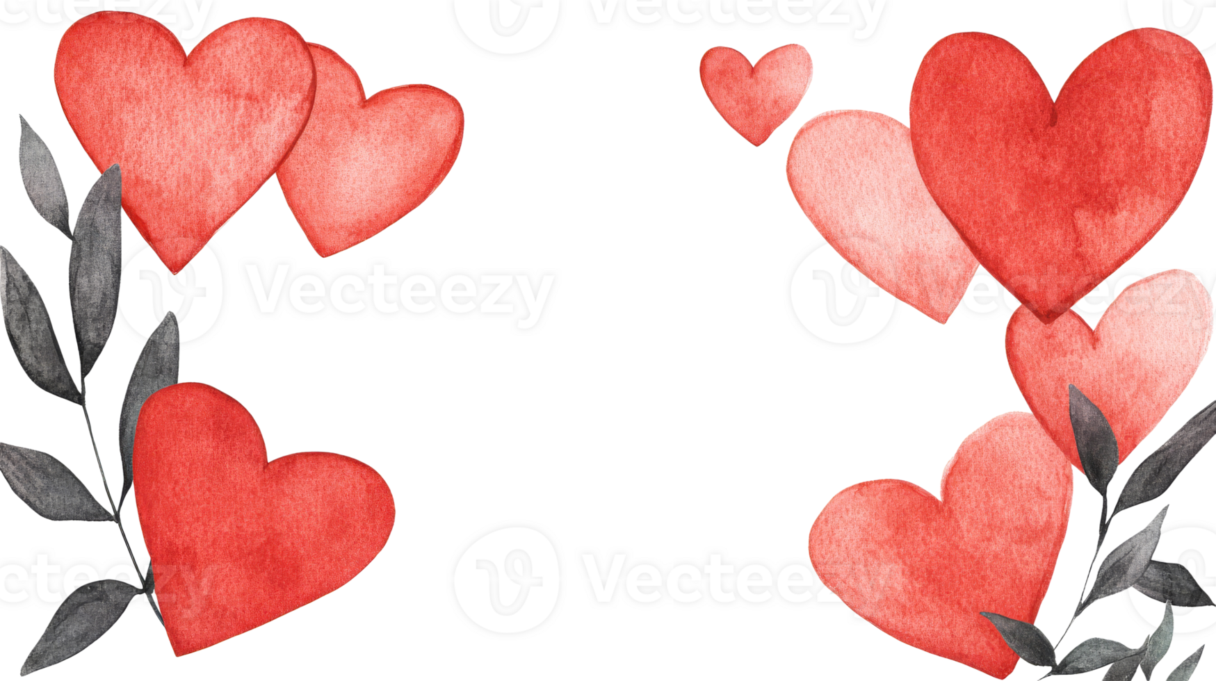 Watercolor heart and leaf frame design on black background, cut out transparent png