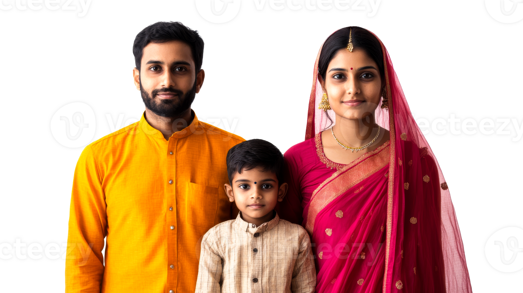Indian family portrait, traditional attire, cut out transparent png