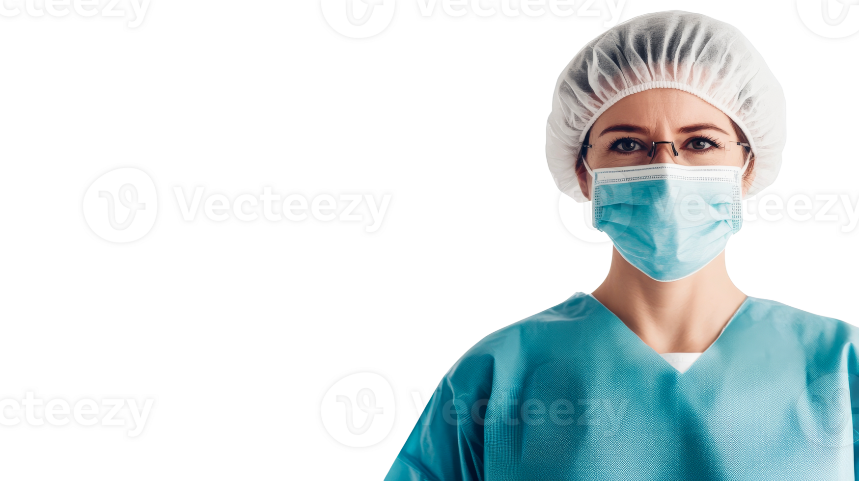 Professional surgeon with mask and glasses looking at camera, cut out transparent png