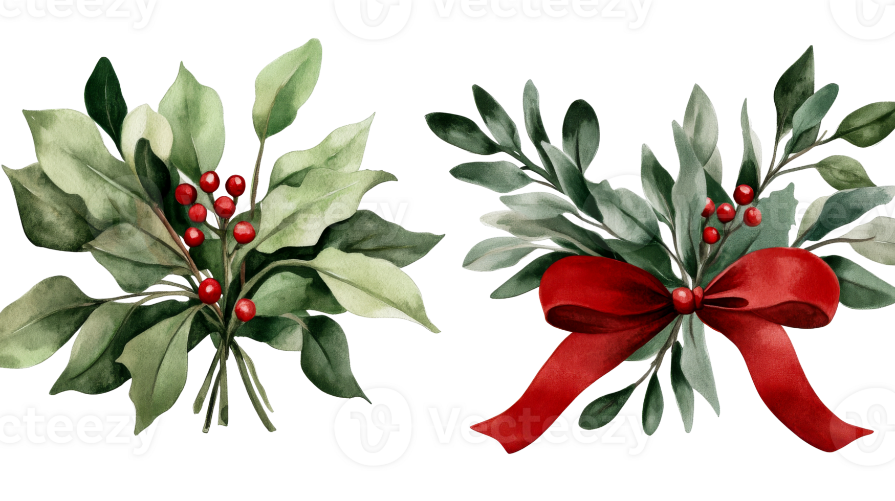 Christmas greenery with red berries, watercolor bouquet, sprig, cut out transparent png