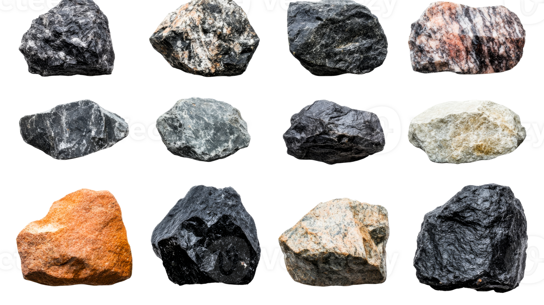 Geological rock collection, minerals stones with black background, cut out transparent png
