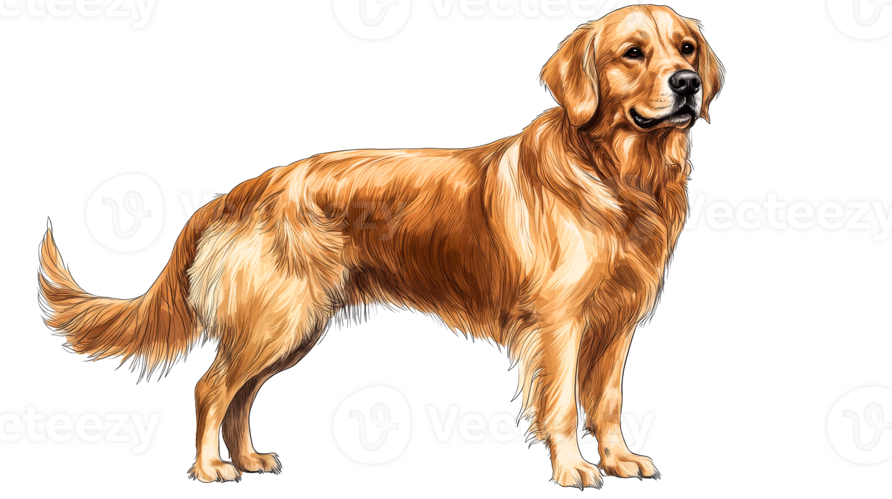 Standing golden retriever dog, detailed illustration, friendly companion, cut out transparent png