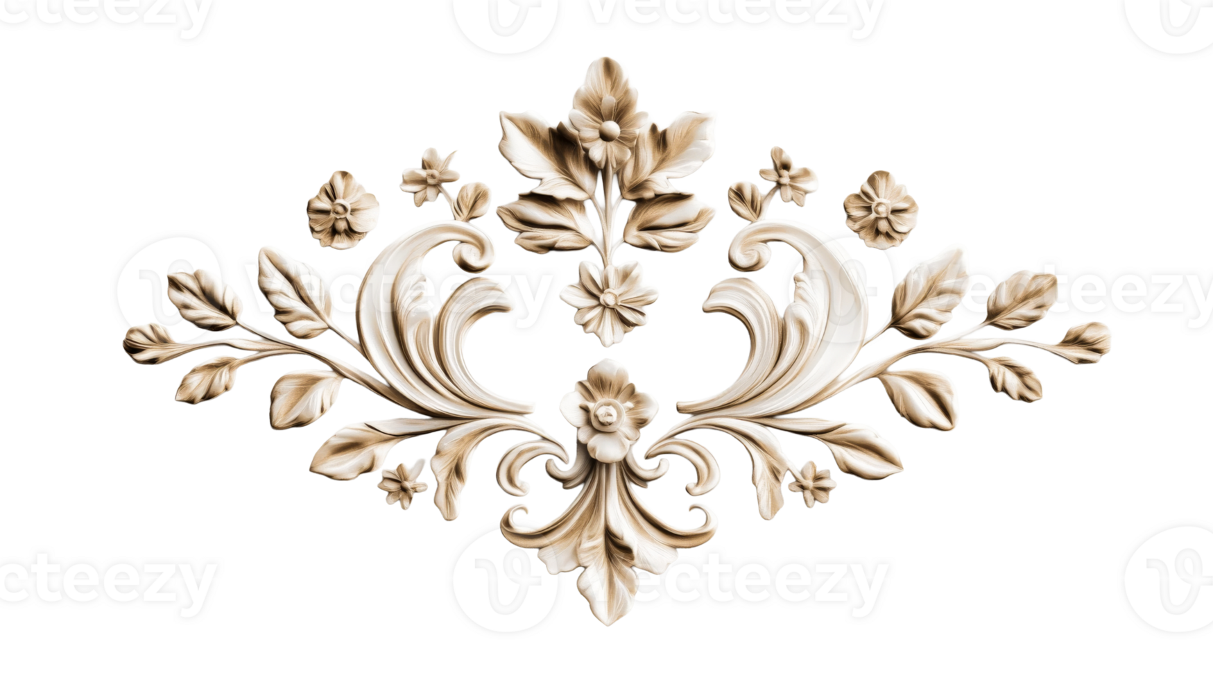 Ornament with leaves and flowers in baroque style, cut out transparent png
