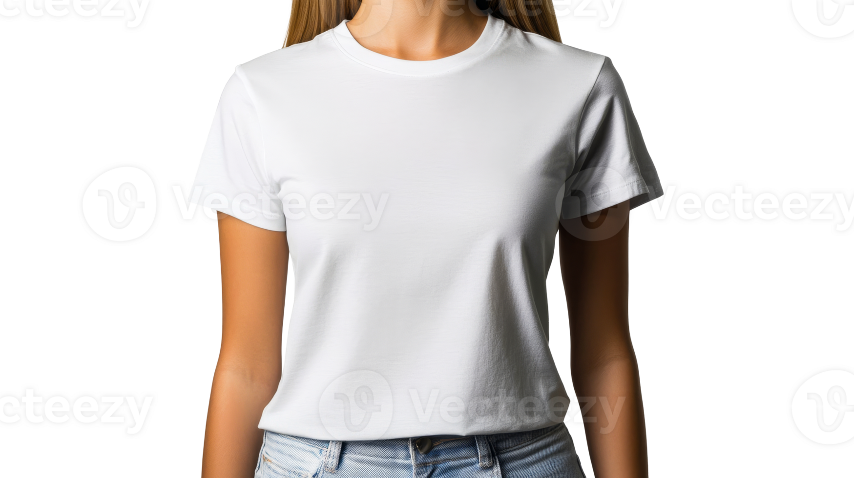 Girl wearing white t-shirt for branding template, blank mockup, cut out transparent png