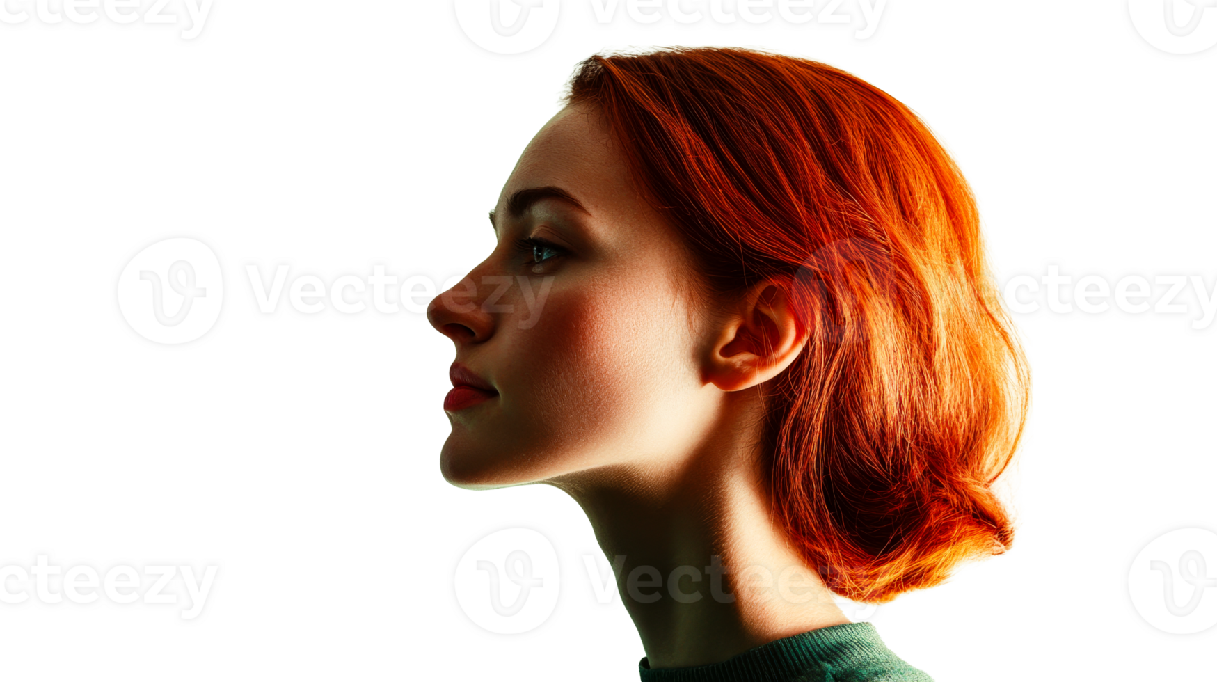 Redhead elegant woman profile, isolated against black background, cut out transparent png