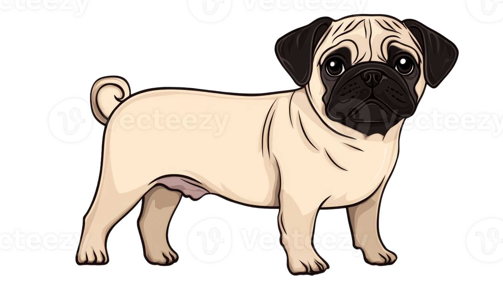 Pug dog cartoon, animal with cute face, fawn fur, cut out transparent png