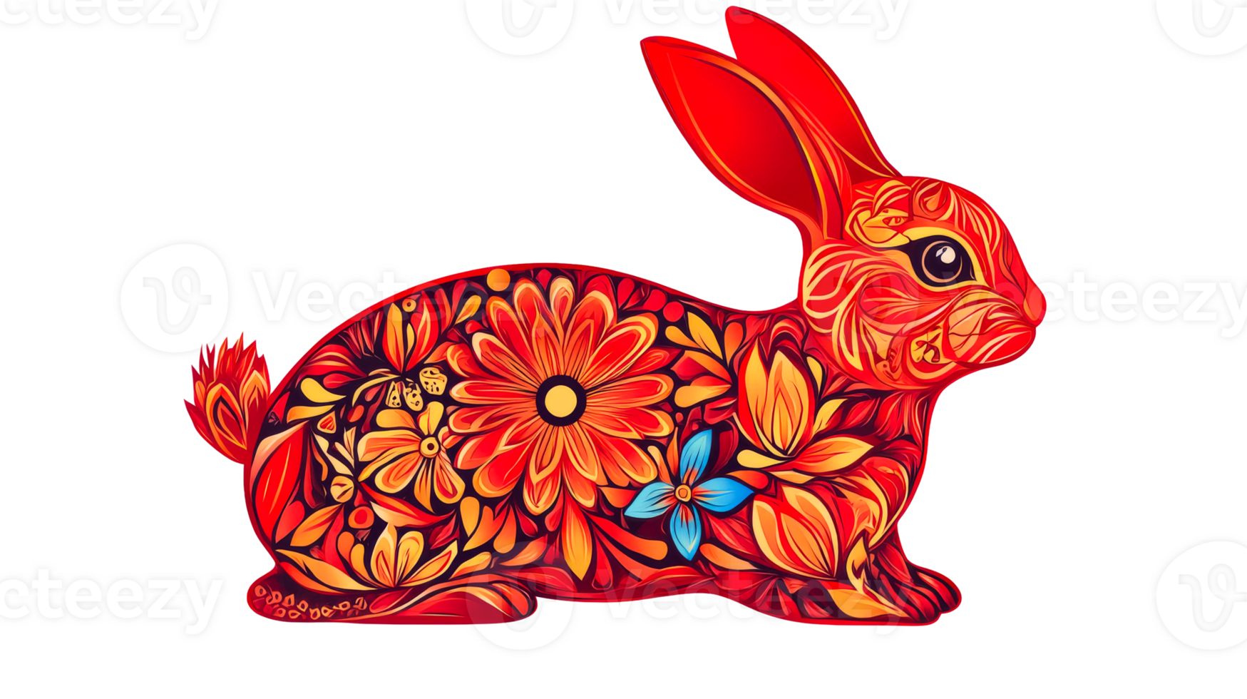 Ornate stylized rabbit with flower pattern on black, cut out transparent png