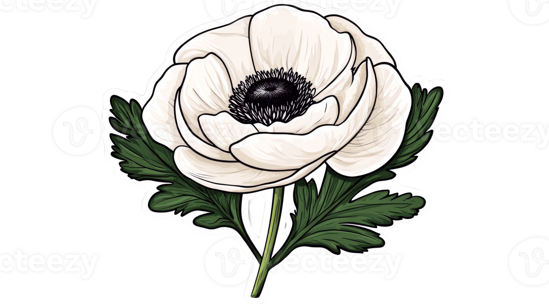 Anemone Flower Illustration with Black Stamens, Floral Design, cut out transparent png
