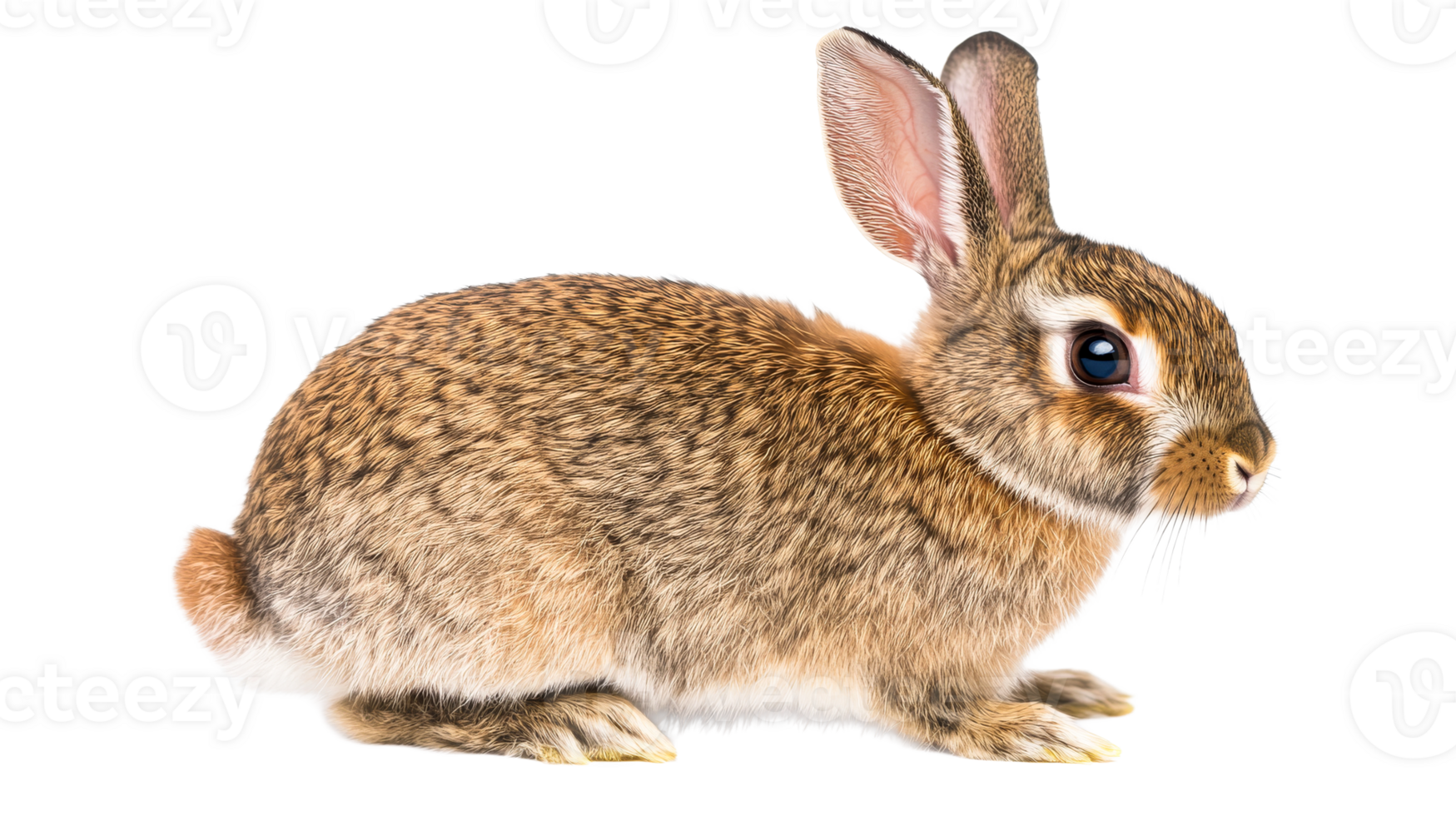 European rabbit sitting, brown fur, long ears, whiskers, cute animal, cut out transparent png