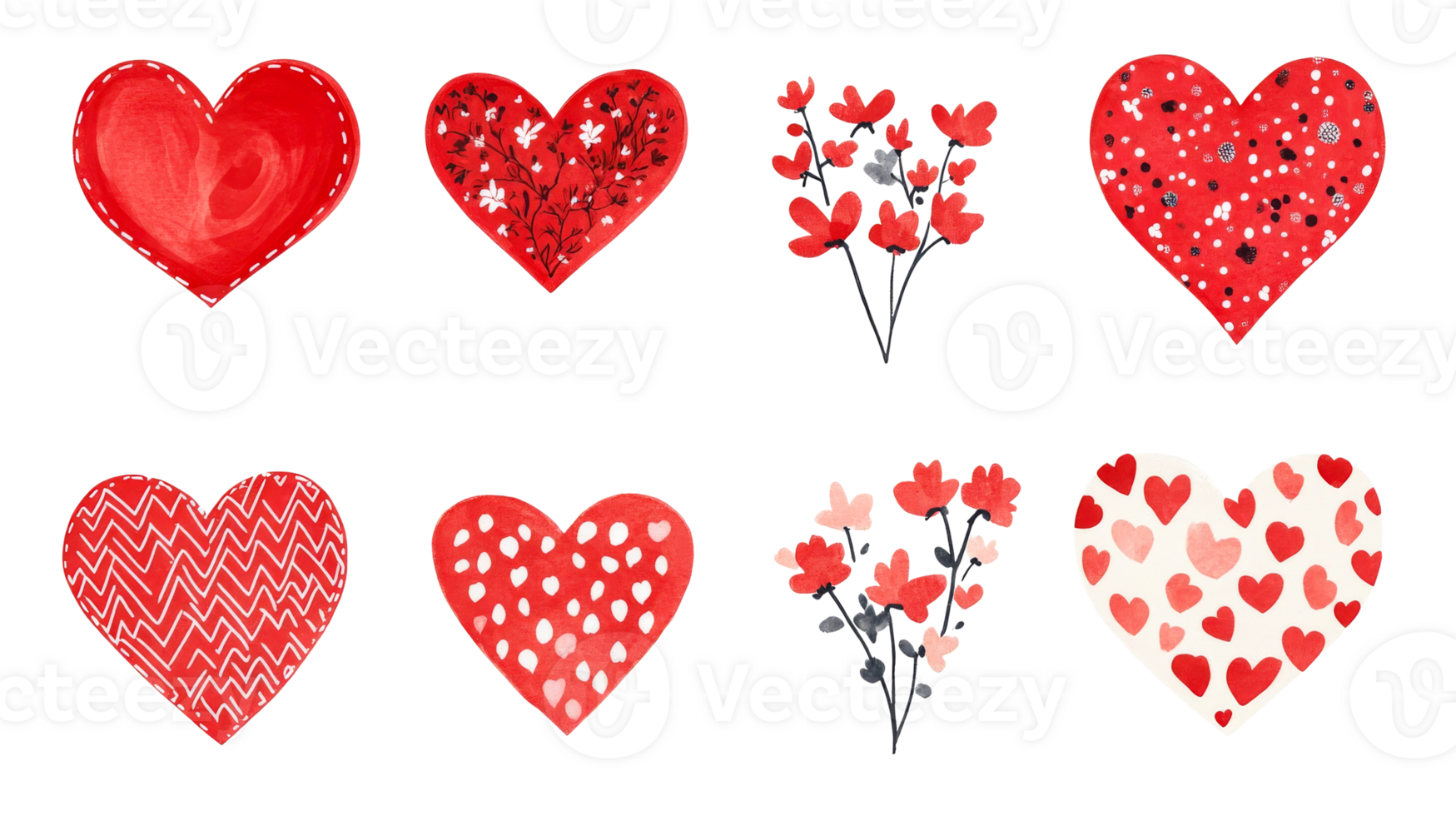 Collection of watercolor hearts and flowers on black background, cut out transparent png