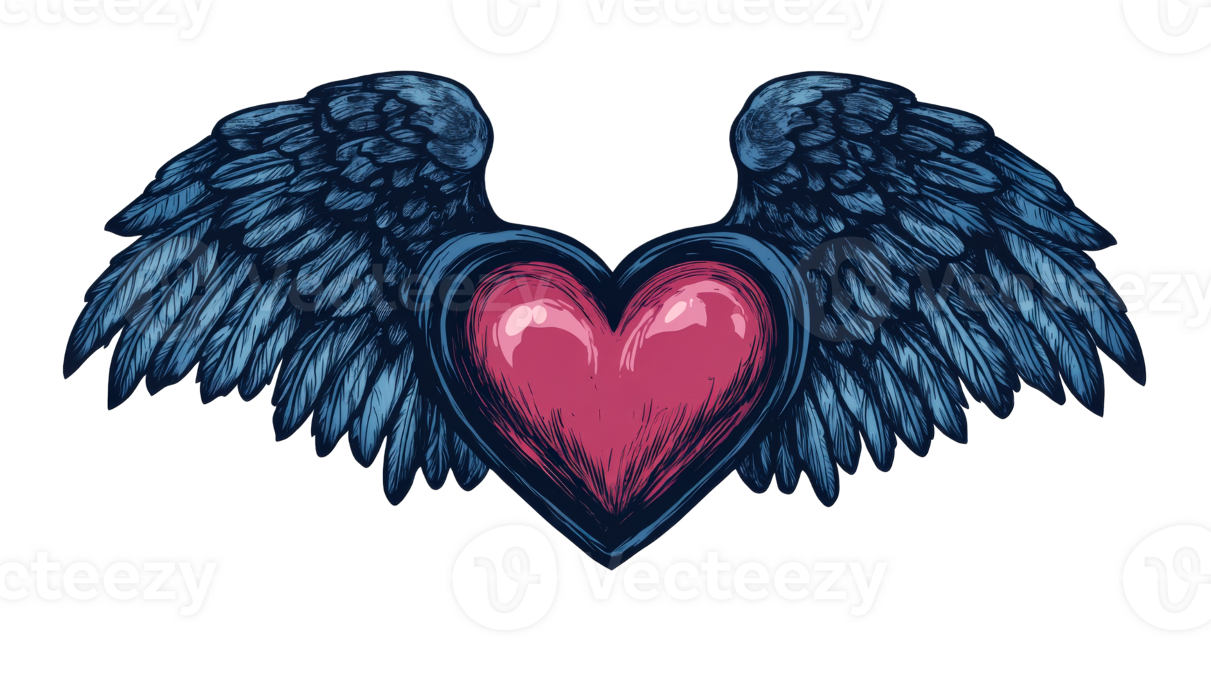 Tattoo style heart with wings graphic element, cut out transparent png