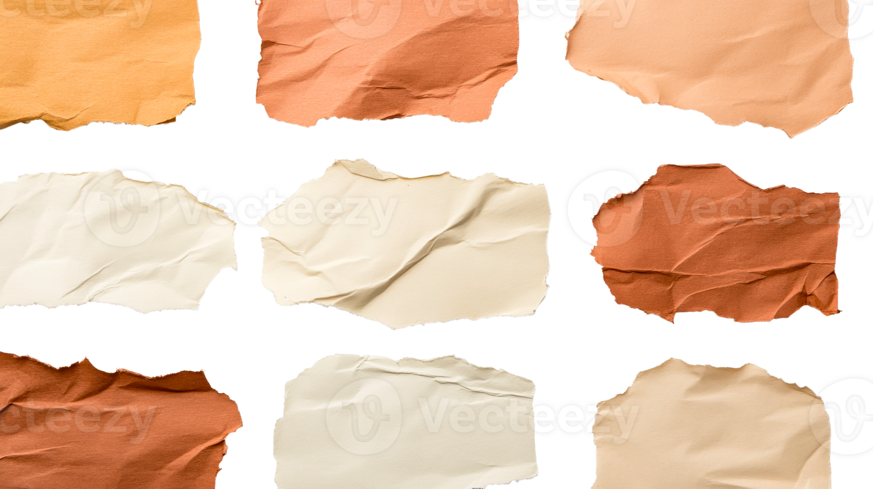 Crumpled paper design, textures, neutral tones, background, torn sheets, cut out transparent png
