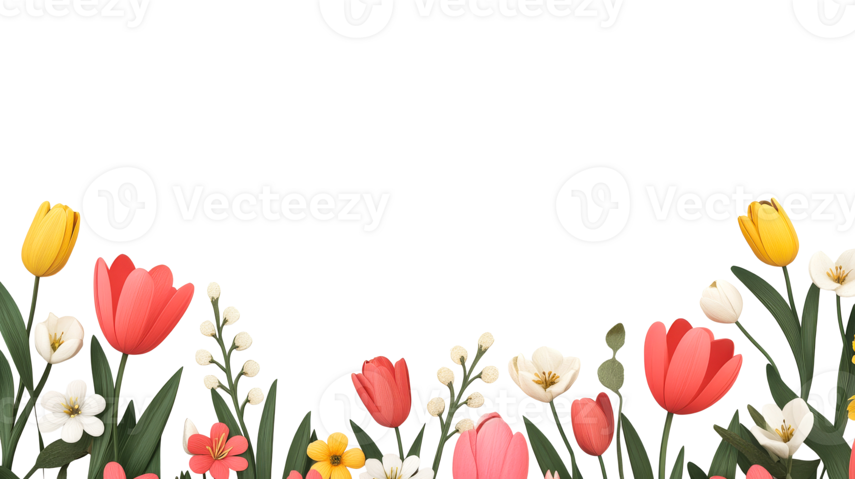 Assorted colorful spring flowers bloom from the bottom edge, cut out transparent png