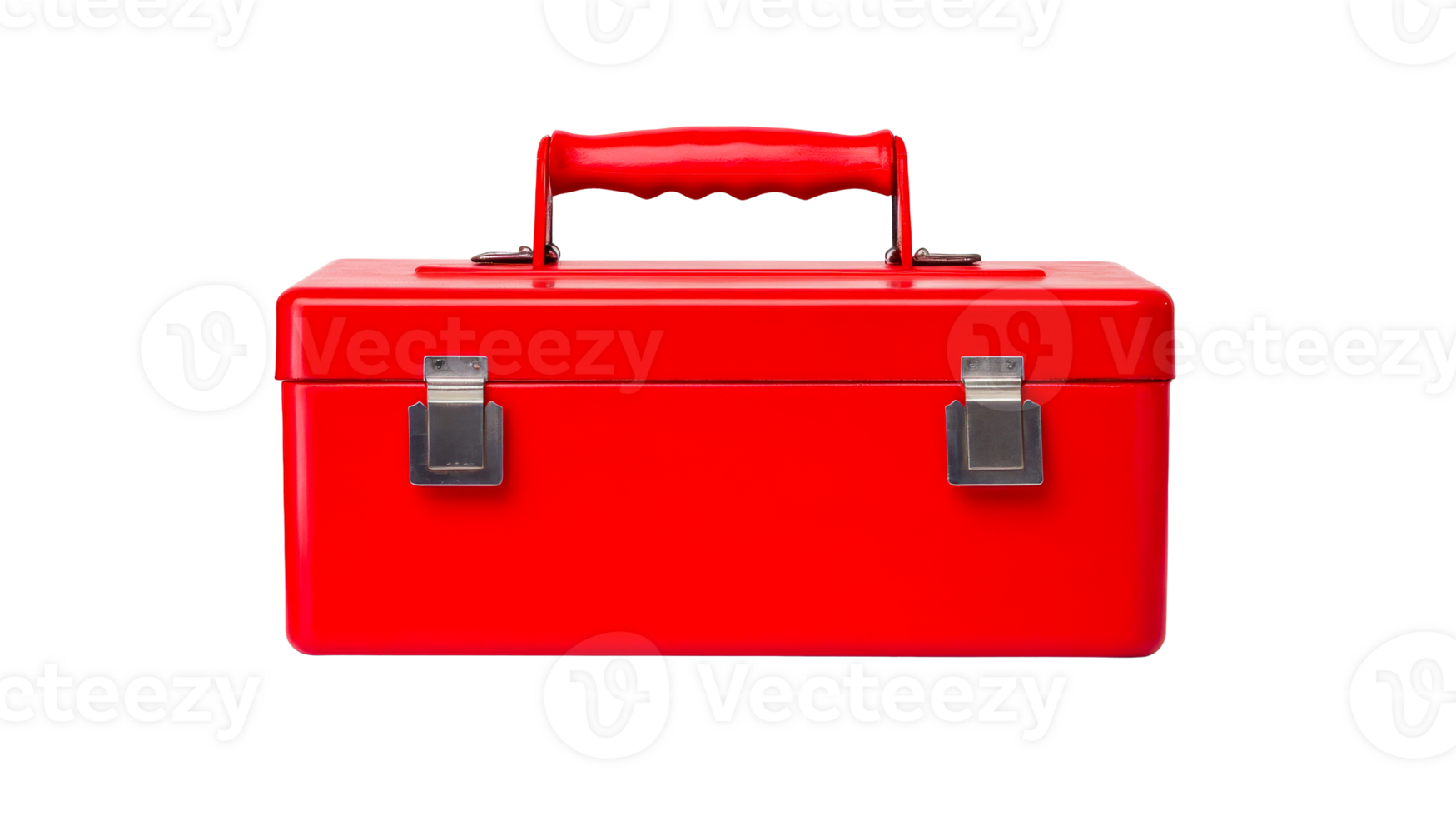 Red toolbox with metal clasp, carrying handle, and sturdy design, cut out transparent png