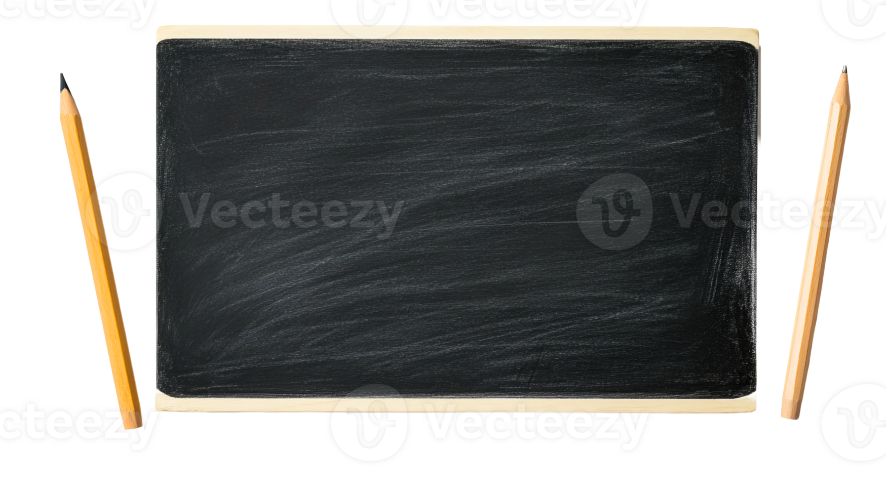 Black chalkboard with wooden frame and pencils on sides, cut out transparent png