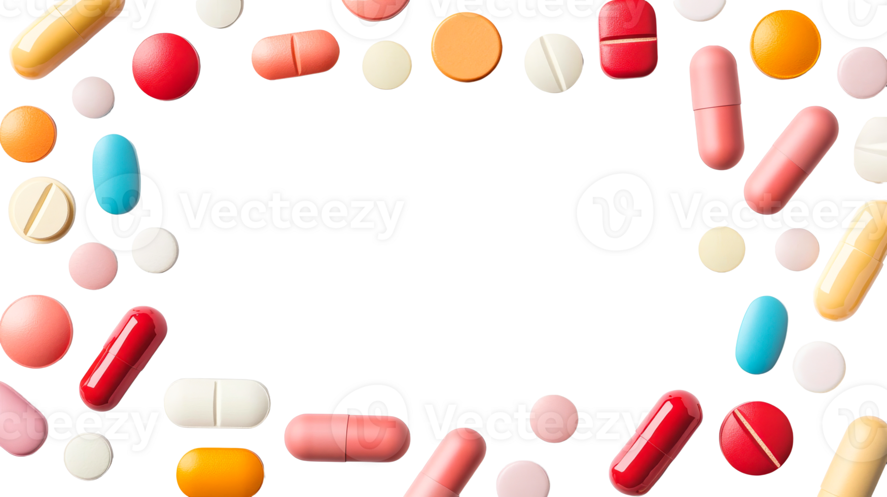 Colorful capsules and tablets frame a blank space, cut out transparent png