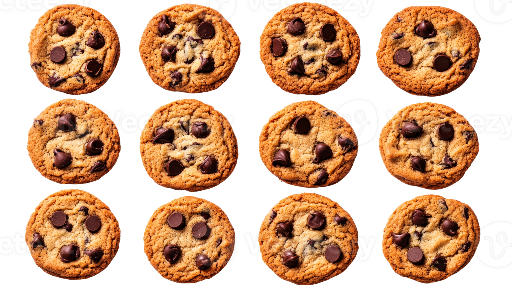 Assorted chocolate chip cookies isolated on background, cut out transparent png