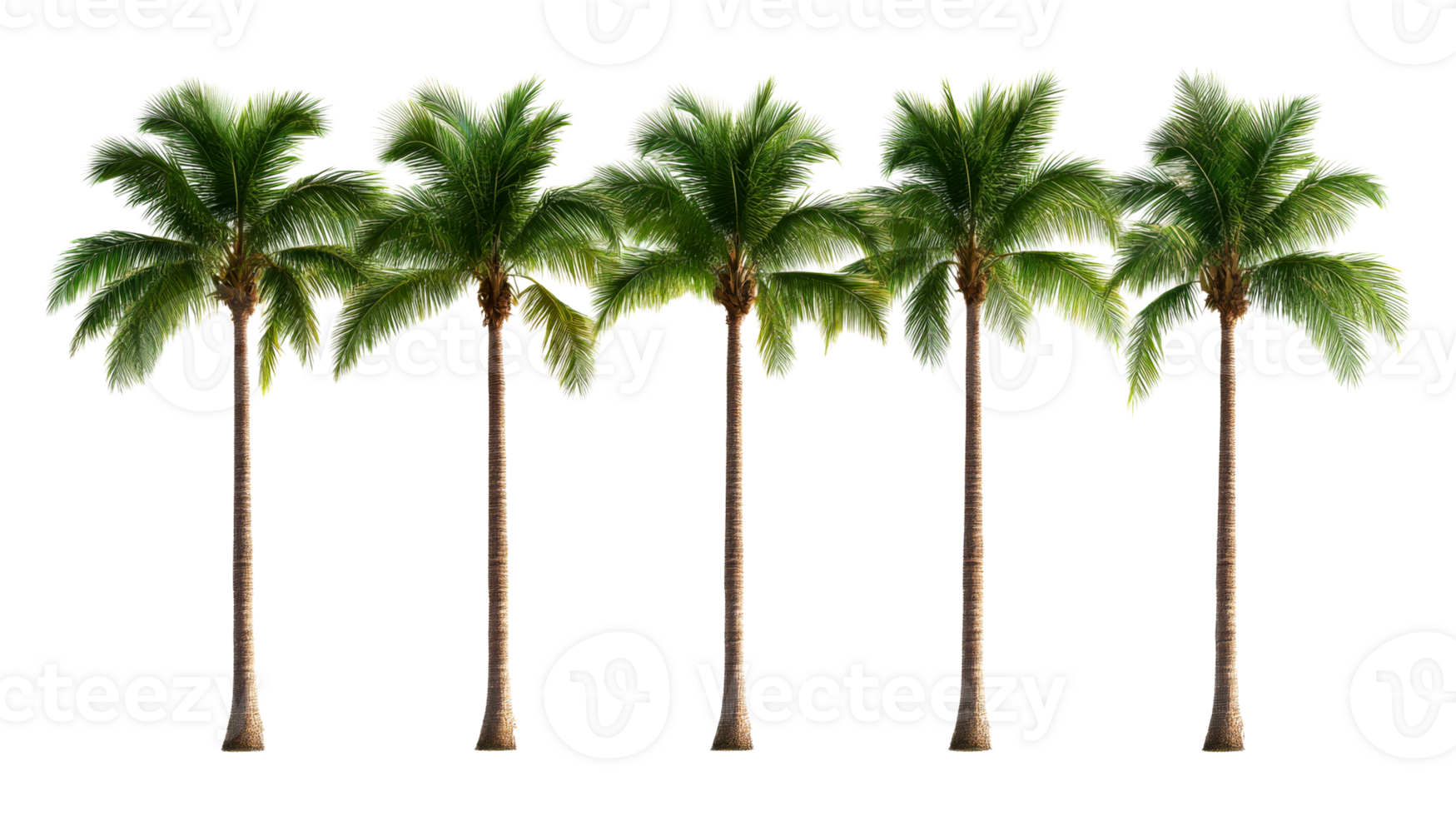 Row of majestic palm trees against a black backdrop, cut out transparent png