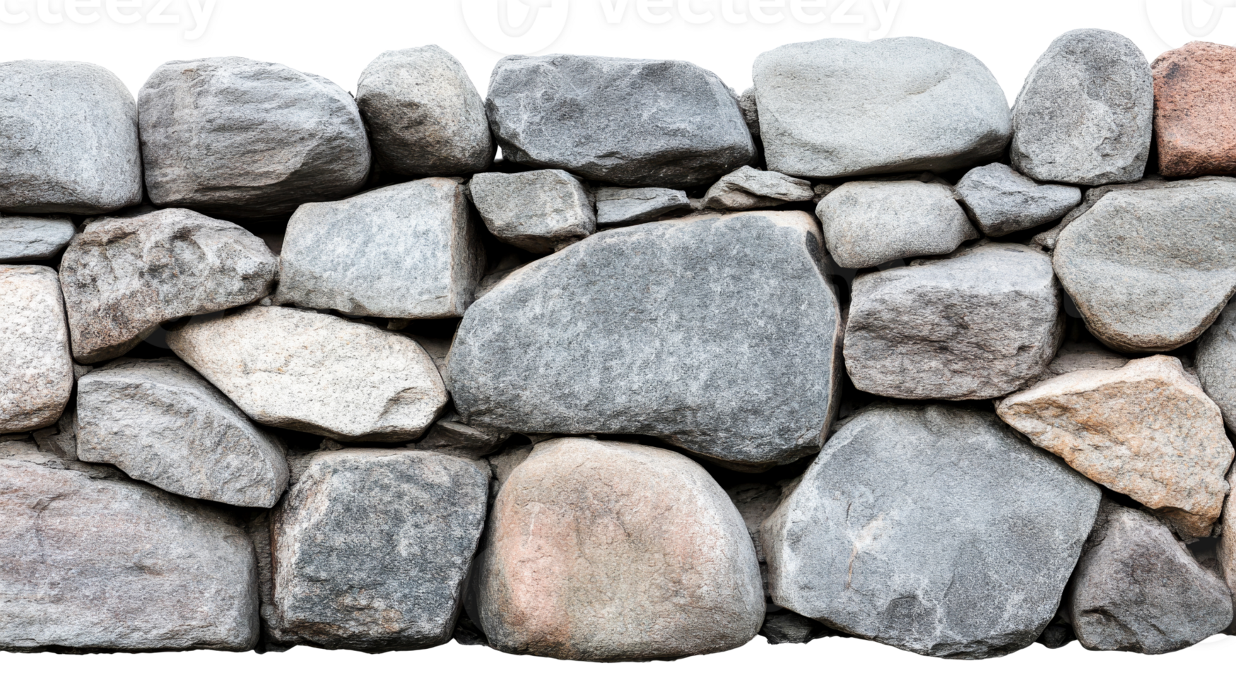 Stone rock wall of boulders, gray masonry texture background, cut out transparent png