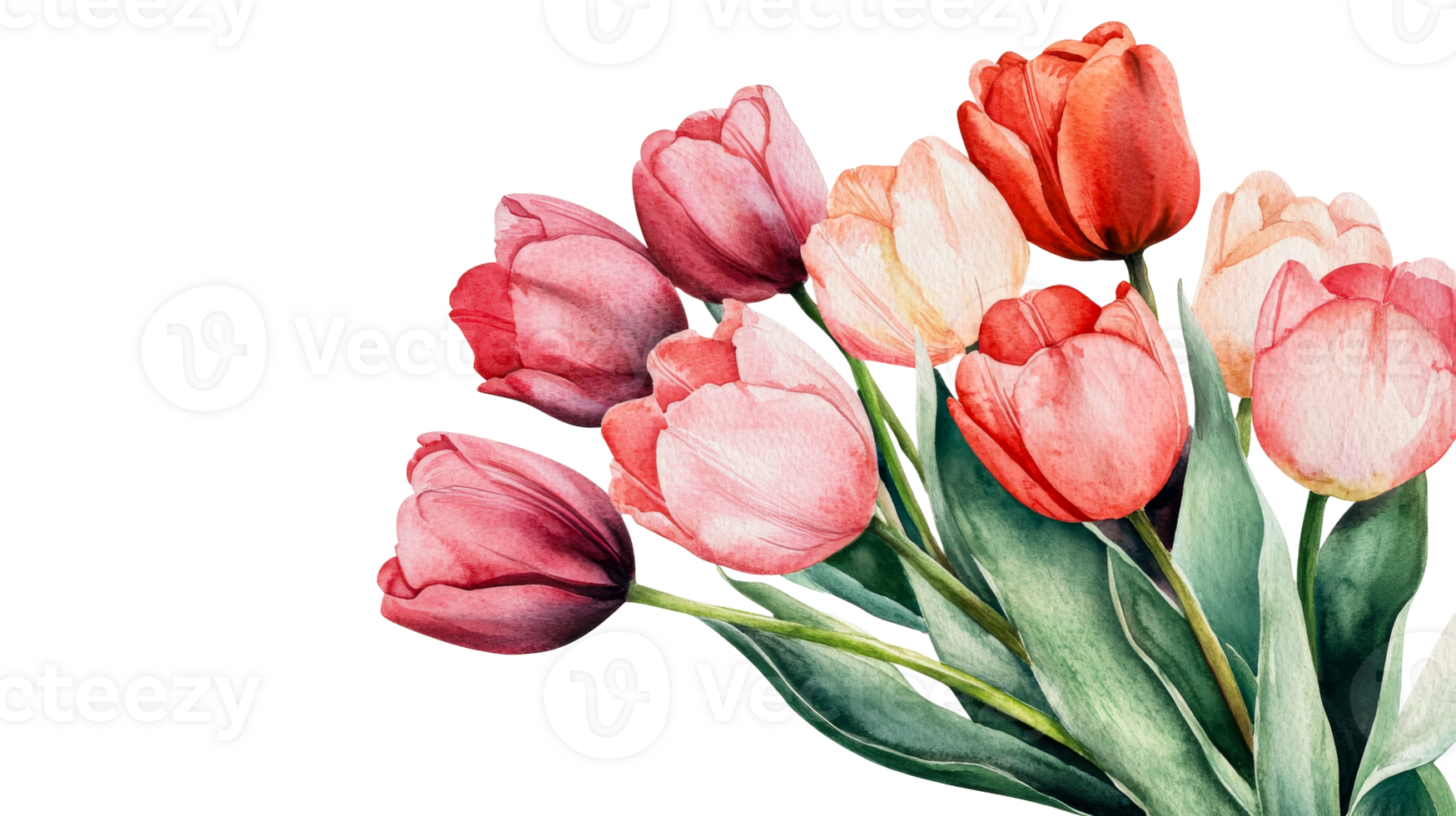 Watercolor tulips bouquet on black, cut out transparent png