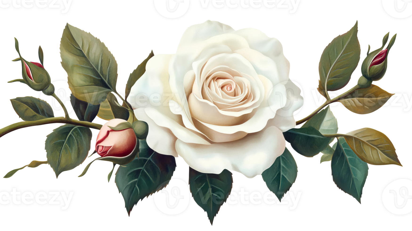 White rose with buds and leaves, elegant floral decoration, cut out transparent png