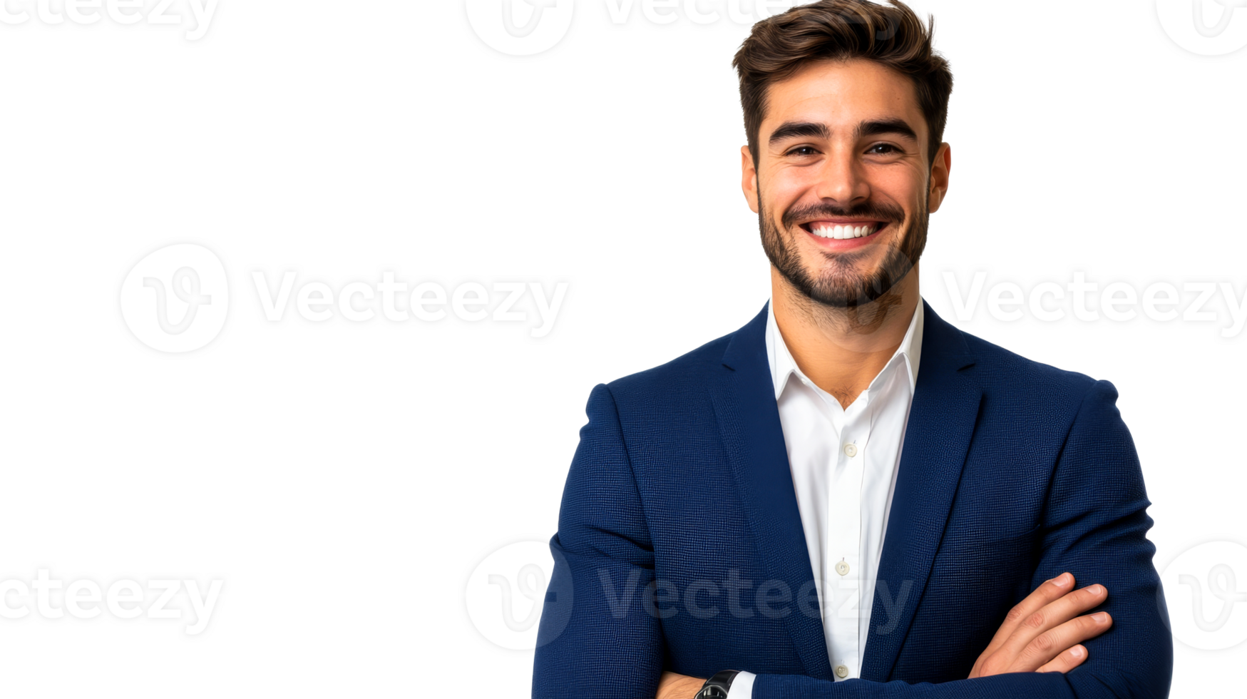 Smiling man in suit with arms crossed, cut out transparent png