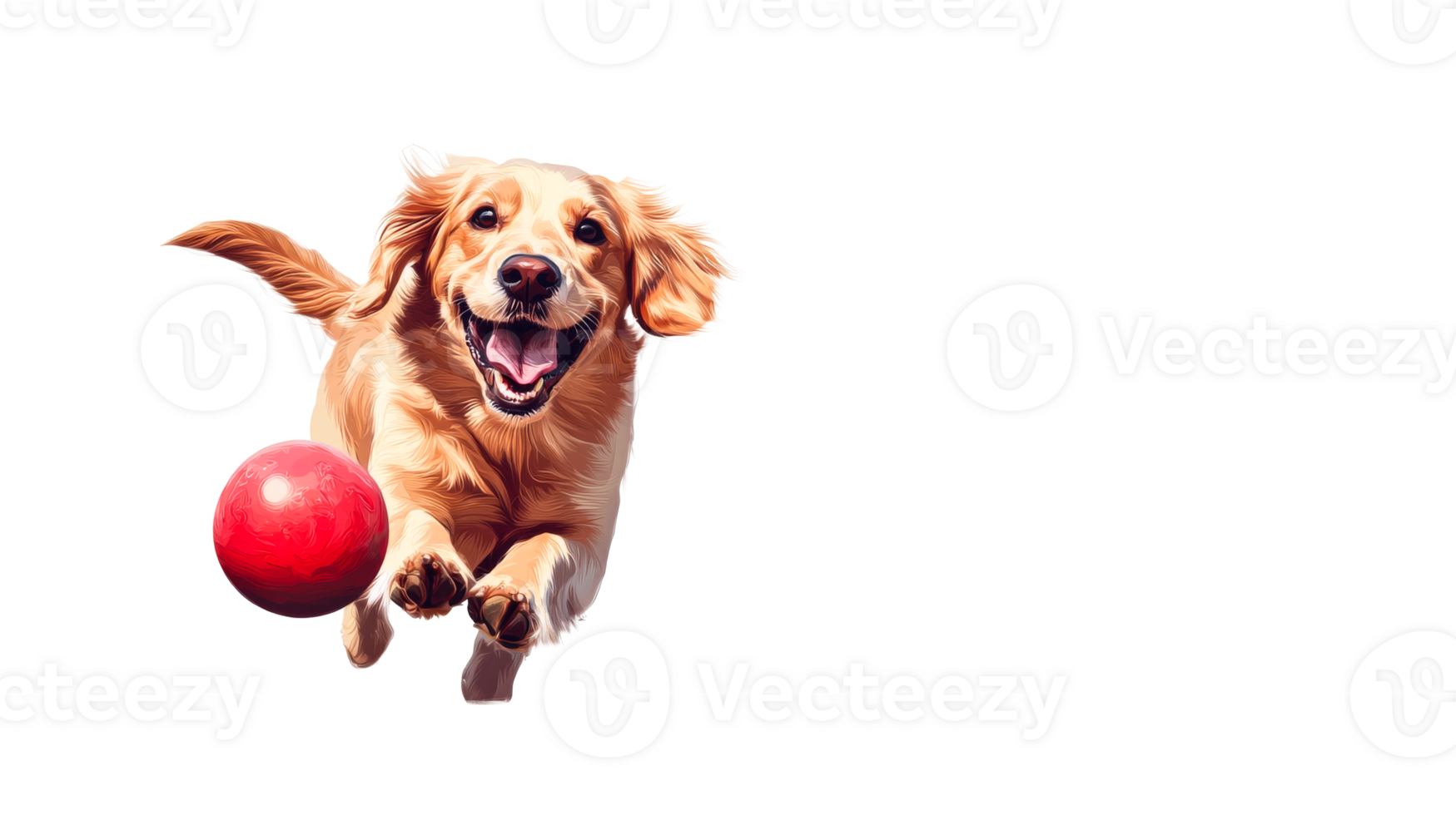 Golden retriever chasing red ball, happy dog running joyfully, cut out transparent png