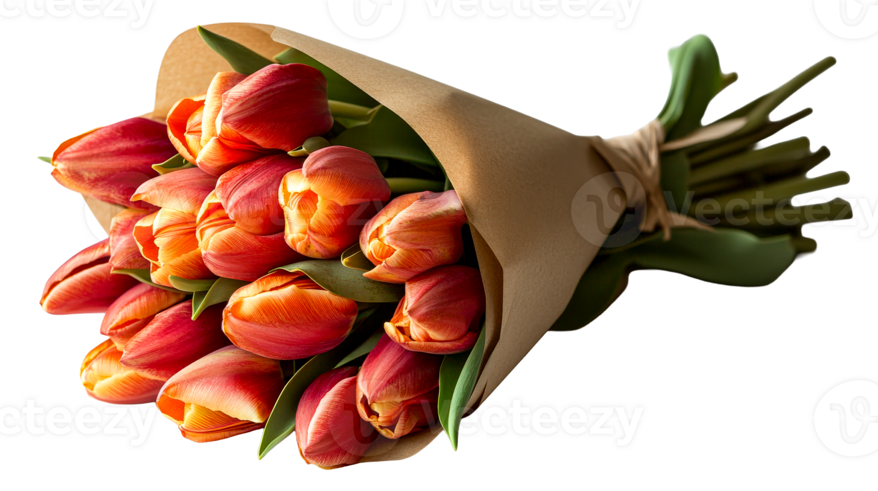 Bouquet of vibrant red and orange tulips wrapped in paper, cut out transparent png