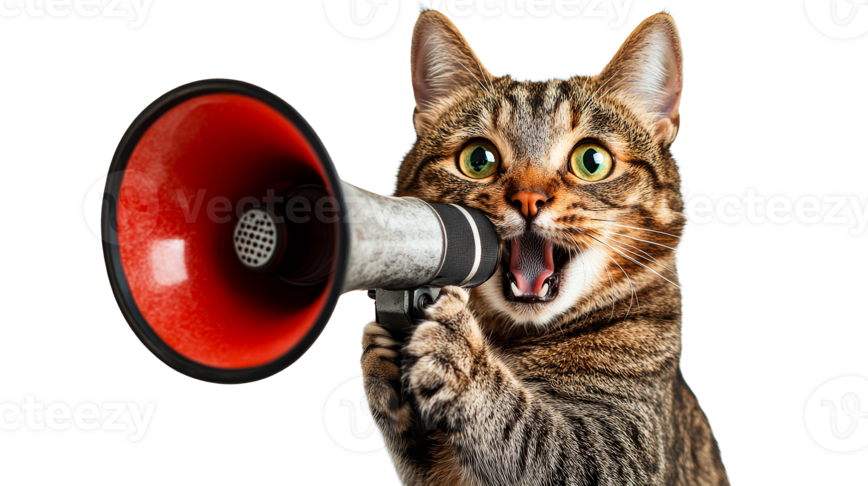 Tabby cat shouting into megaphone, pet alert announcement, cut out transparent png
