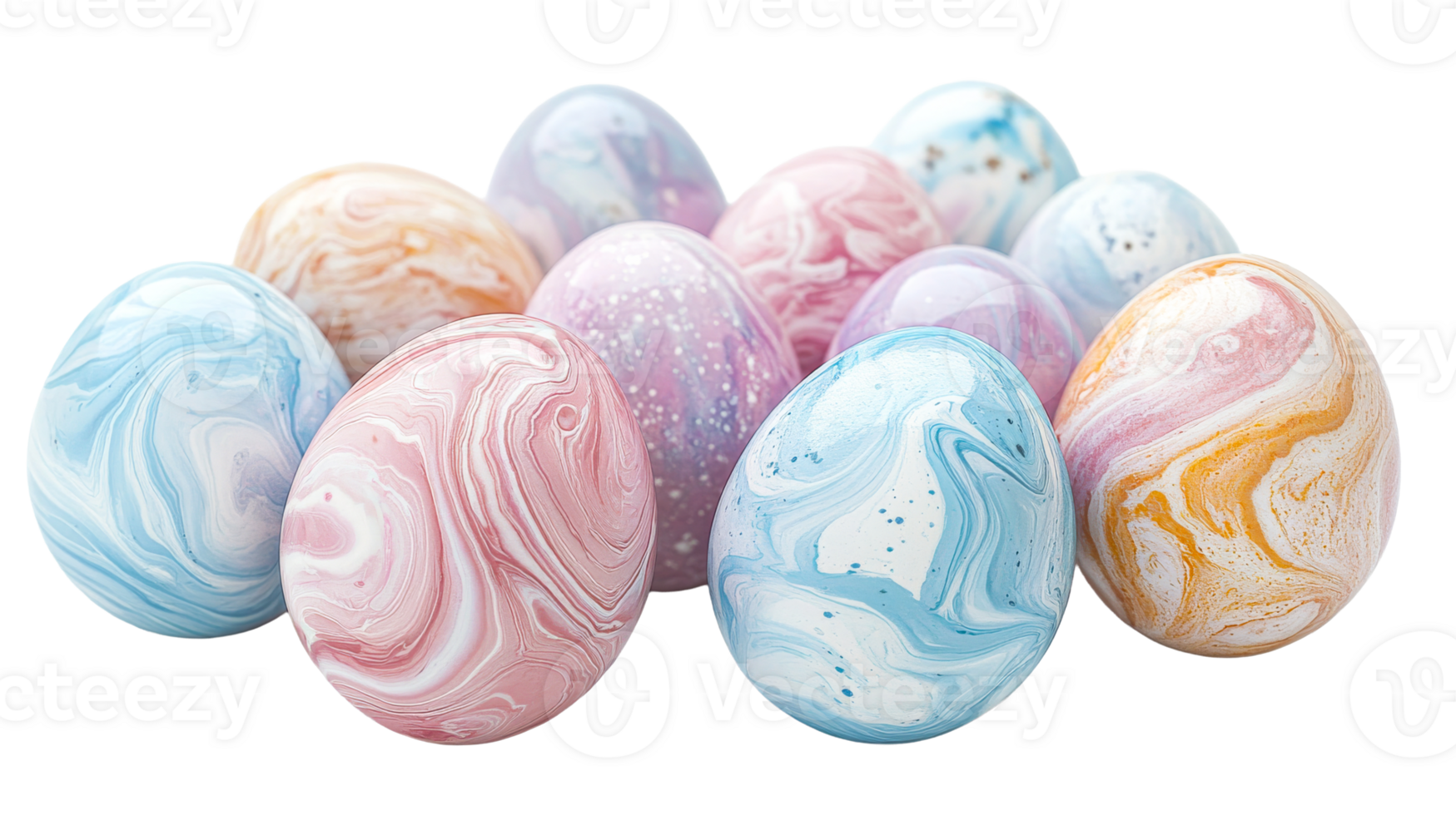Pile of Easter eggs with colorful marble pattern, cut out transparent png
