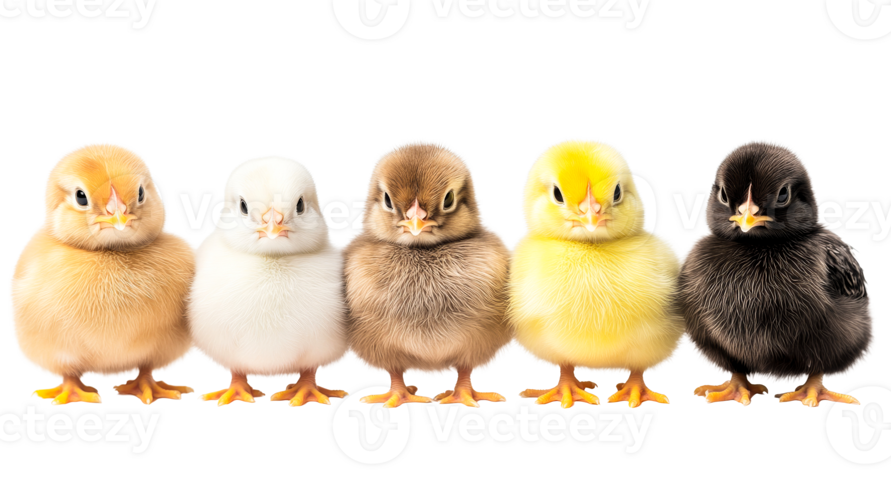Group of five fluffy baby chicks, diverse colors, cute, cut out transparent png